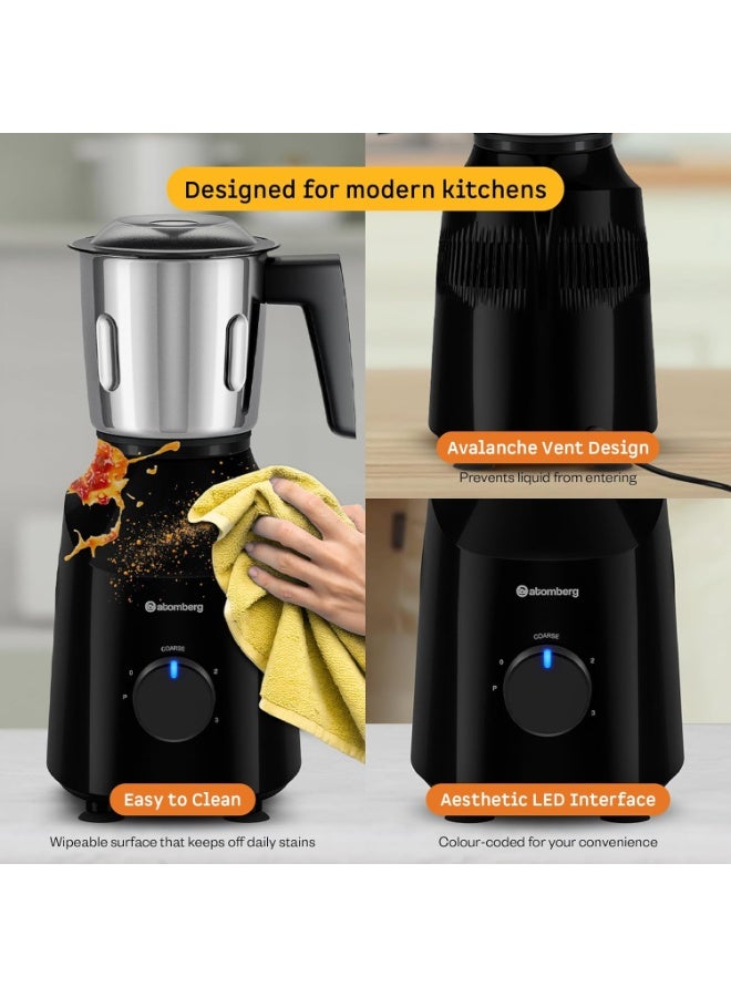 Atomberg Xiana 750 Watt Mixer Grinder | 3 Multipurpose Stainless Steel Jars | Coarse Mode for Silbatta-like Textures | Powerful Intelligent Motor | Easy Fault LED Indication | Gloss Black - Image 4